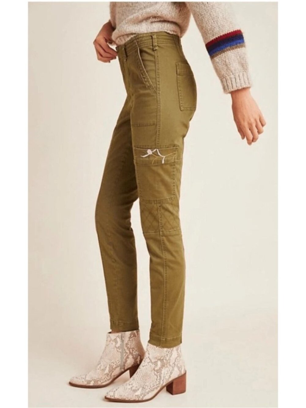 Anthropologie Cargo Pants‎ Womens 30 Olive Green Austen Floral Embroidered NWOT